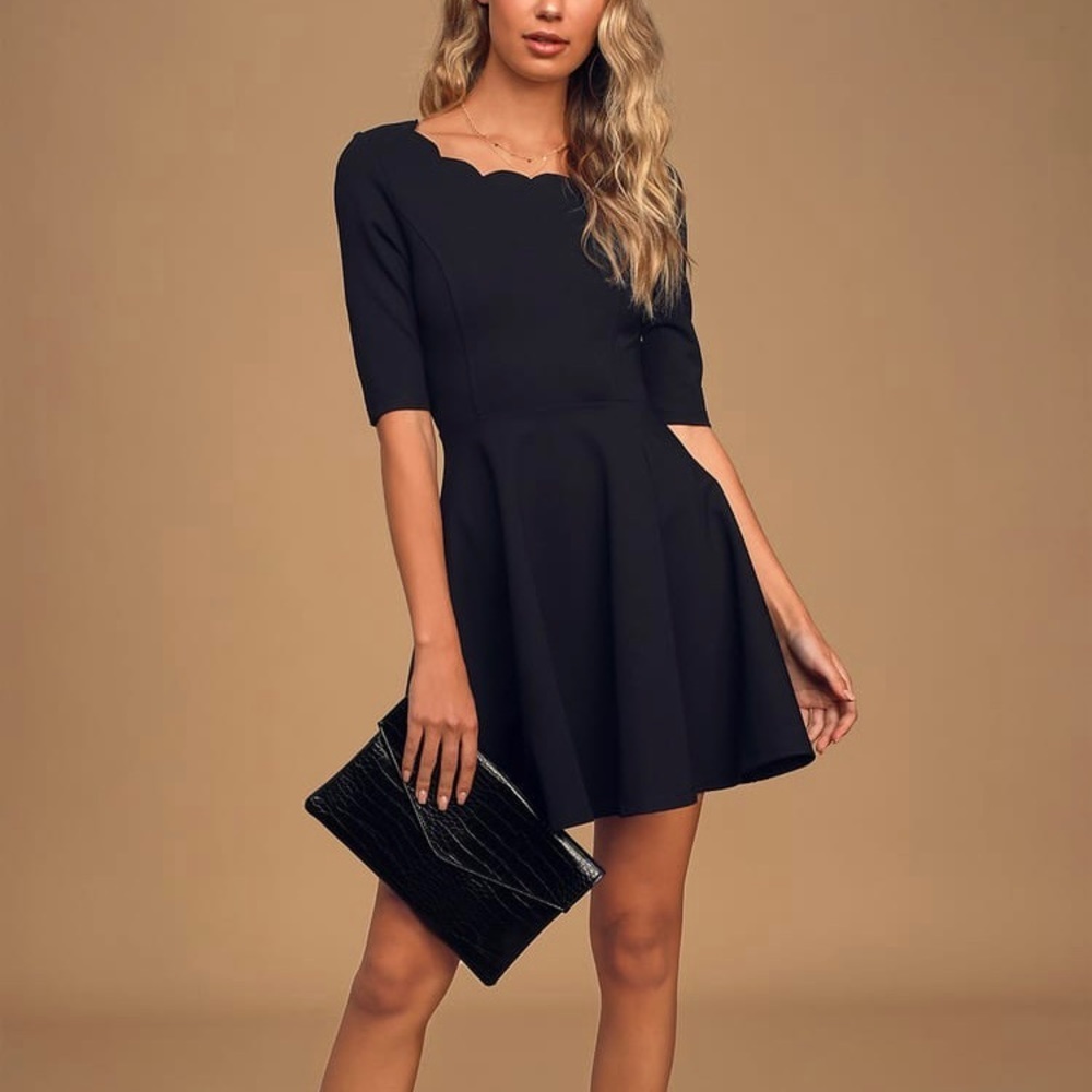 Lulus Tip the Scallops Black Scalloped Scoop Neck Skater Dress - Picture 2 of 8